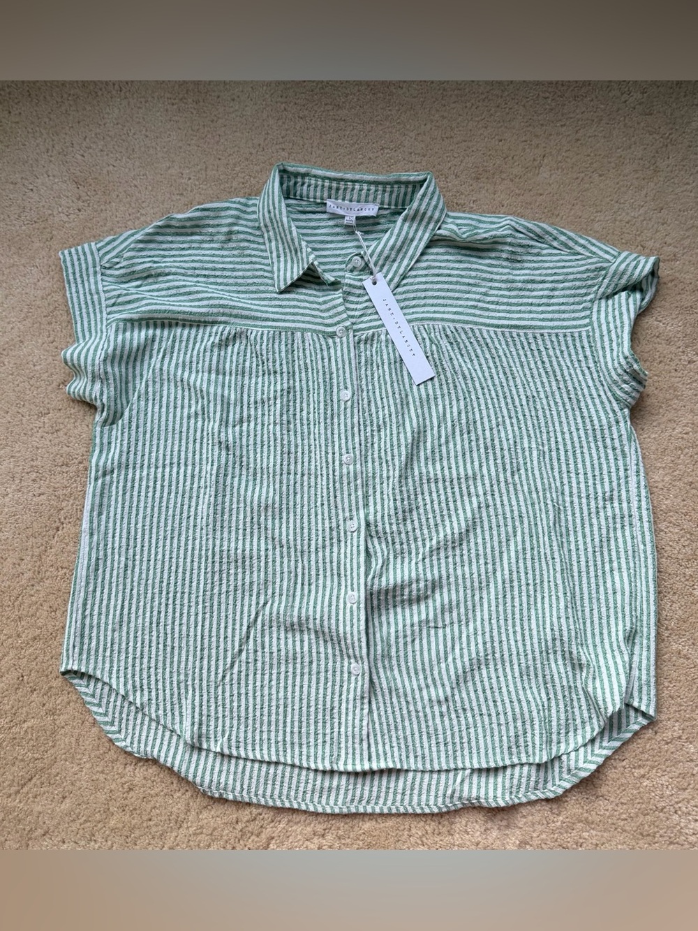 NWT Jane + Delancey Green & White Striped Button-Up Short Sleeve Top - Size L